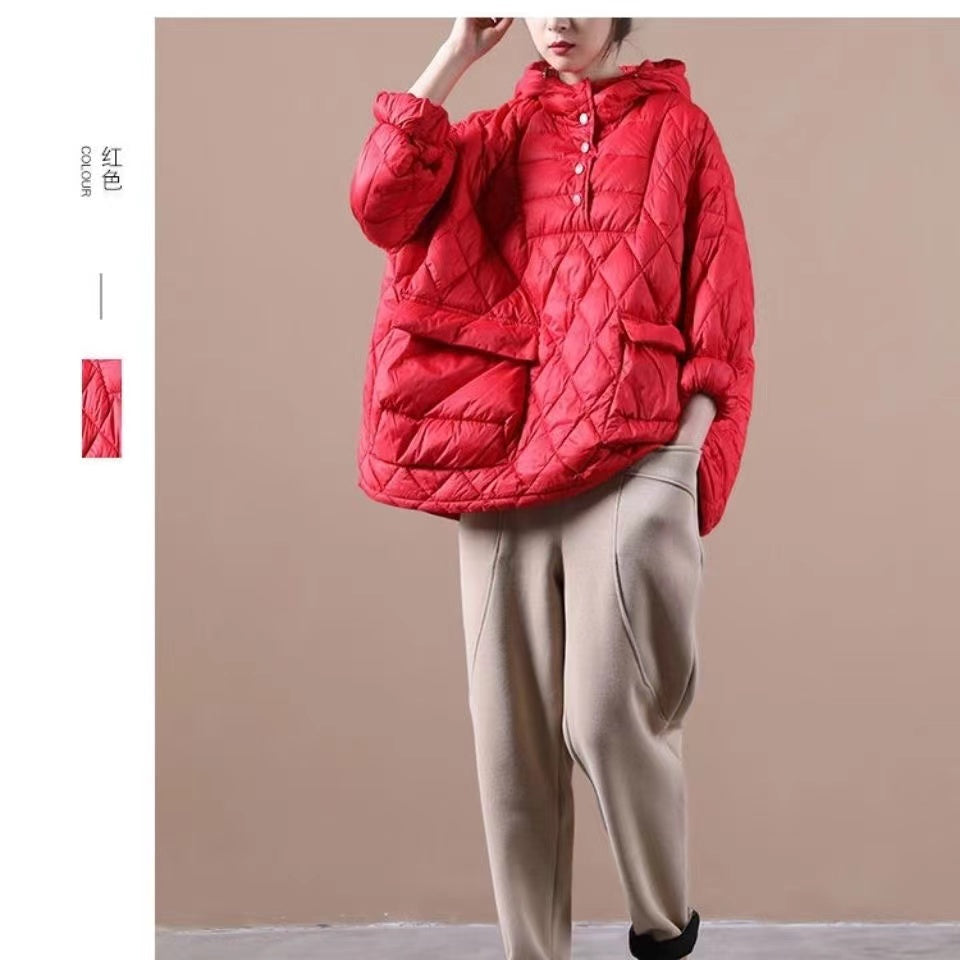 Literary Orange Plus Size Hooded Pullover Short Puffers Jackets